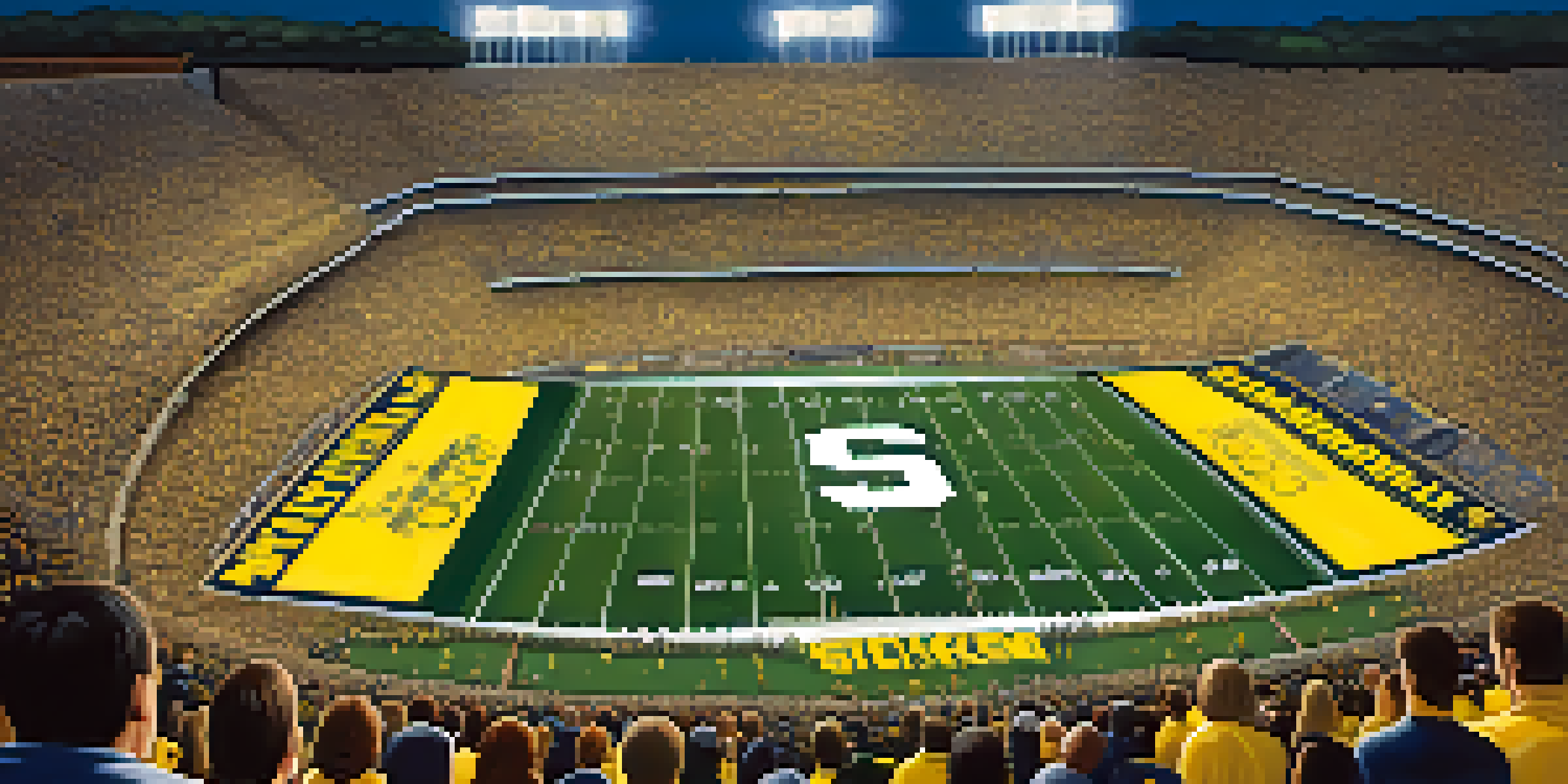 A crowded college football stadium filled with fans in Michigan and Michigan State attire, cheering for their teams as the game unfolds under bright stadium lights.