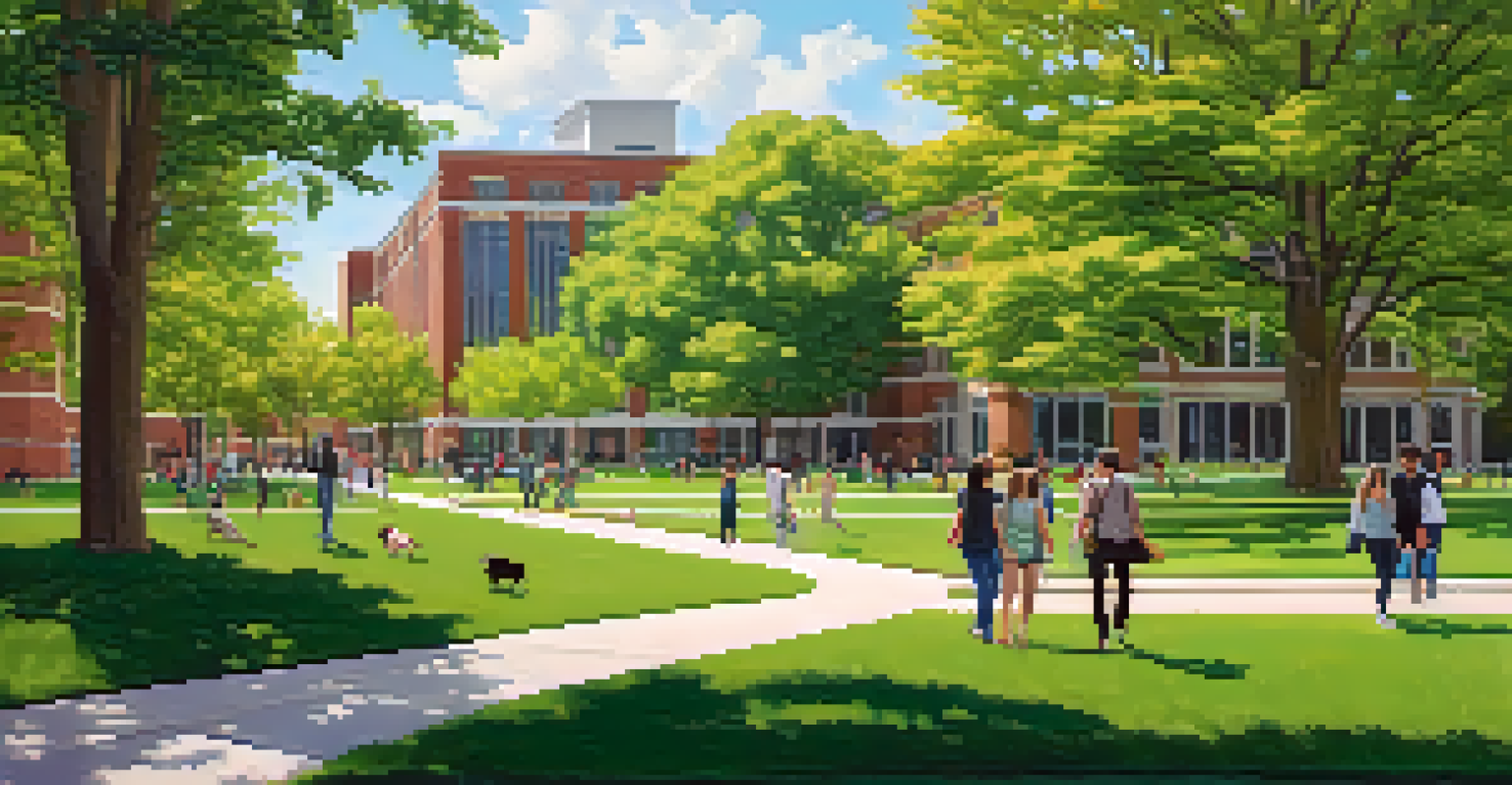 A modern view of Michigan State University campus with diverse students walking on a green lawn, surrounded by contemporary buildings and flowers.