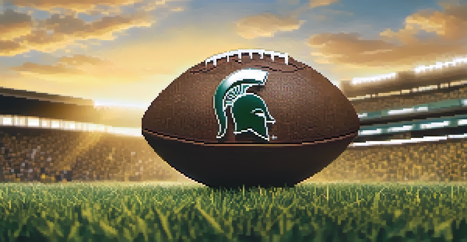 A football on the grass featuring the Michigan State logo, with fans and the field blurred in the background.