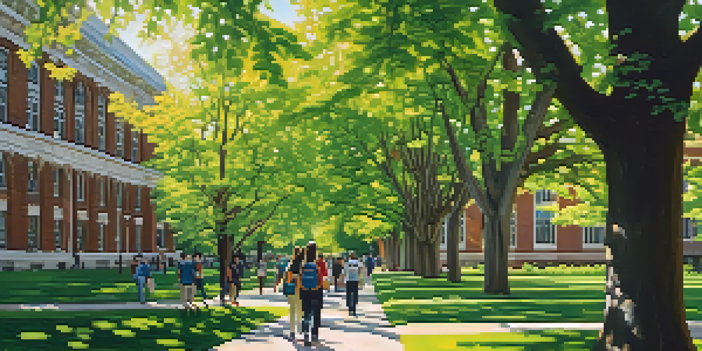 A lively campus at Michigan State University with students walking in a green area, surrounded by trees and historic architecture.