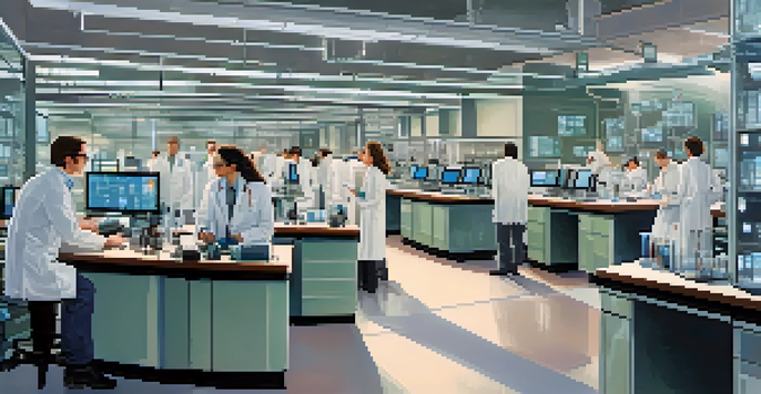 A diverse group of researchers working together in a modern laboratory, analyzing data and using advanced technology.