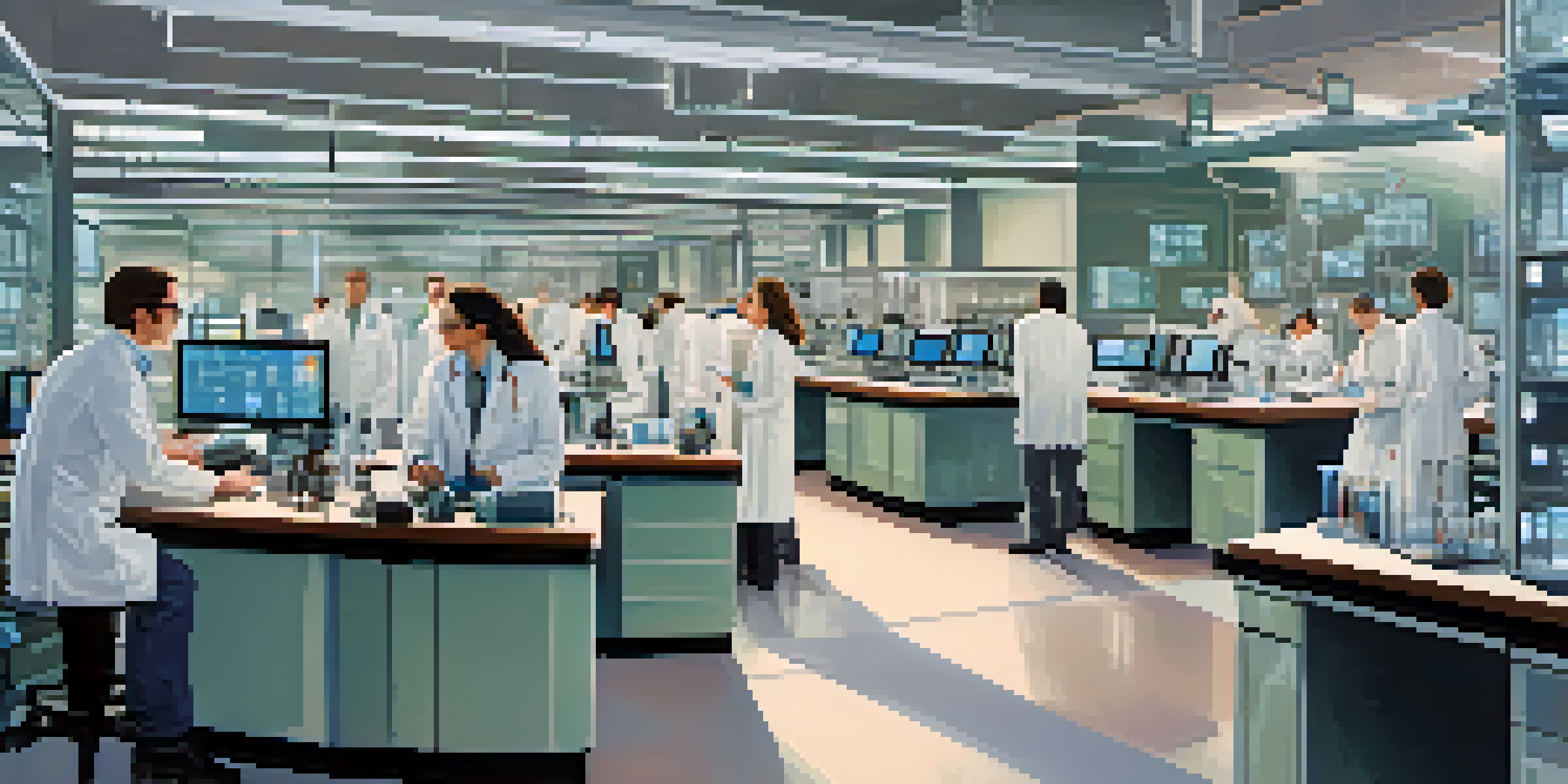 A diverse group of researchers working together in a modern laboratory, analyzing data and using advanced technology.