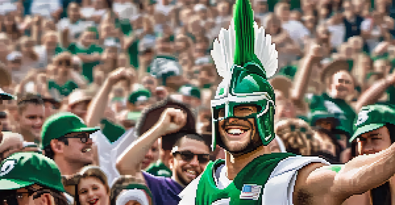 A close-up of a Spartan fan in costume with face paint and a foam finger, smiling amidst a cheering crowd.