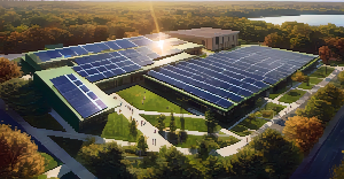 Aerial view of Michigan State University campus with solar panels and green landscapes, students outdoors in sunlight.