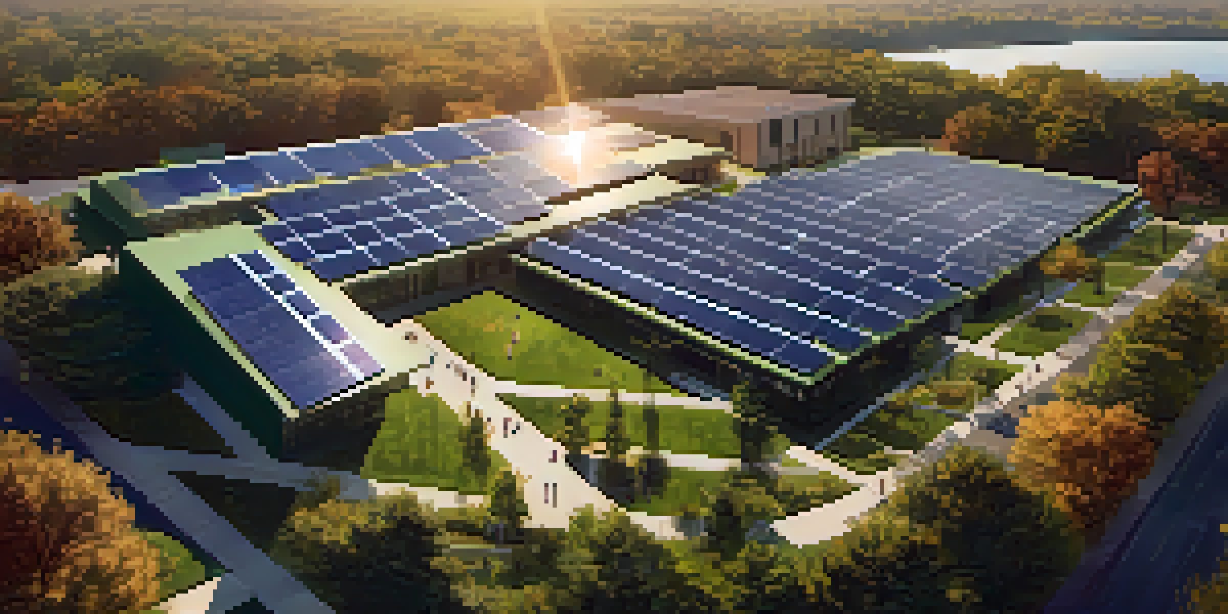 Aerial view of Michigan State University campus with solar panels and green landscapes, students outdoors in sunlight.
