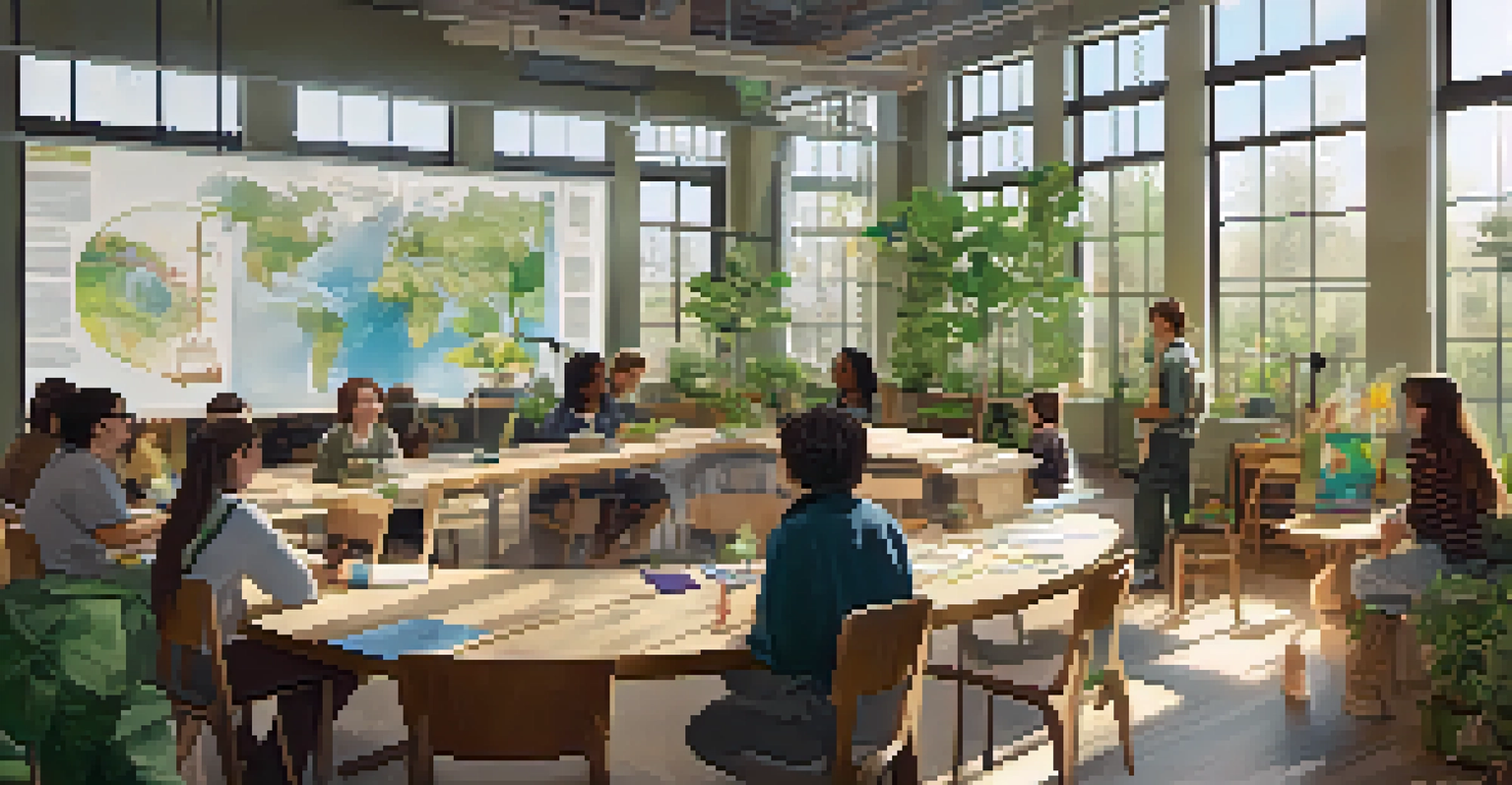 Students gathered around a table in a workshop focused on sustainability, with educational posters and plants in a bright and sunny room.