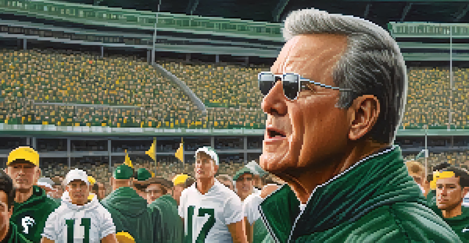 A legendary Michigan State football coach on the sidelines during a game, with players and fans in the background.