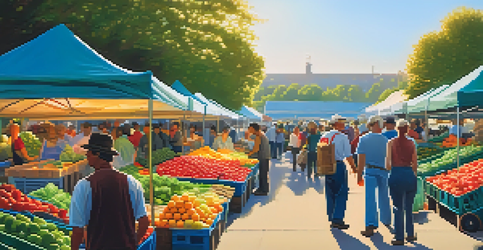 A lively farmer's market at dawn, showcasing colorful stalls of fresh produce with people interacting.