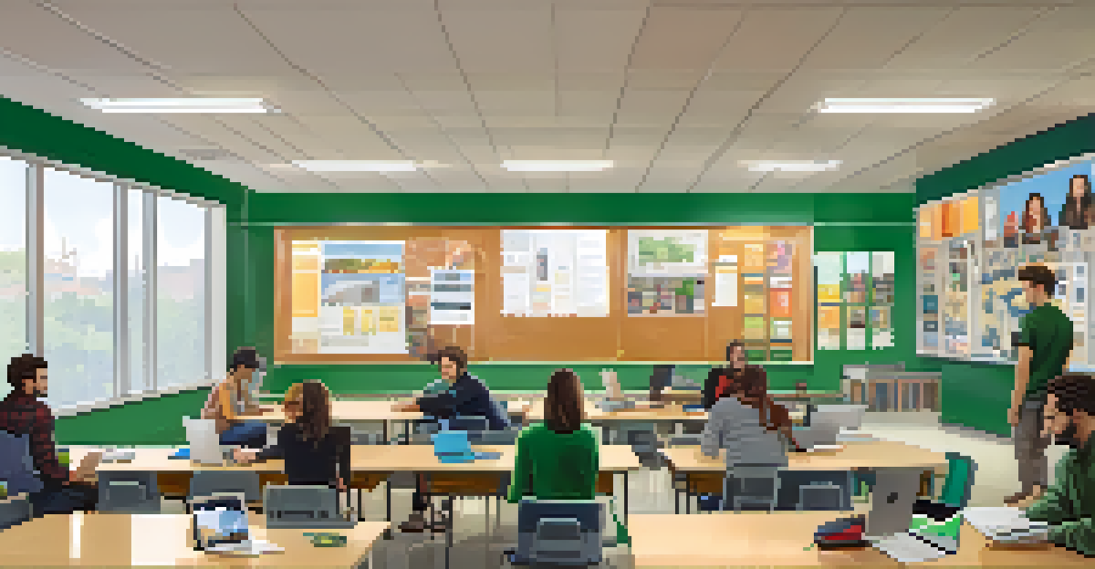 A contemporary classroom at Michigan State University with students working on laptops, engaging in collaboration, and surrounded by educational posters.
