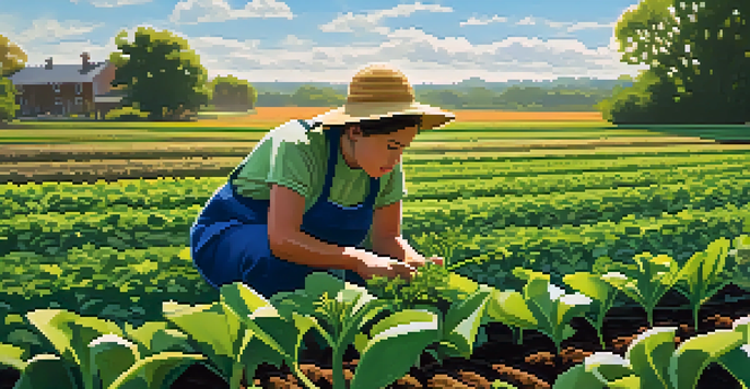 A student at Michigan State University planting seedlings in an organic farm, surrounded by green plants and colorful flowers under a bright blue sky.