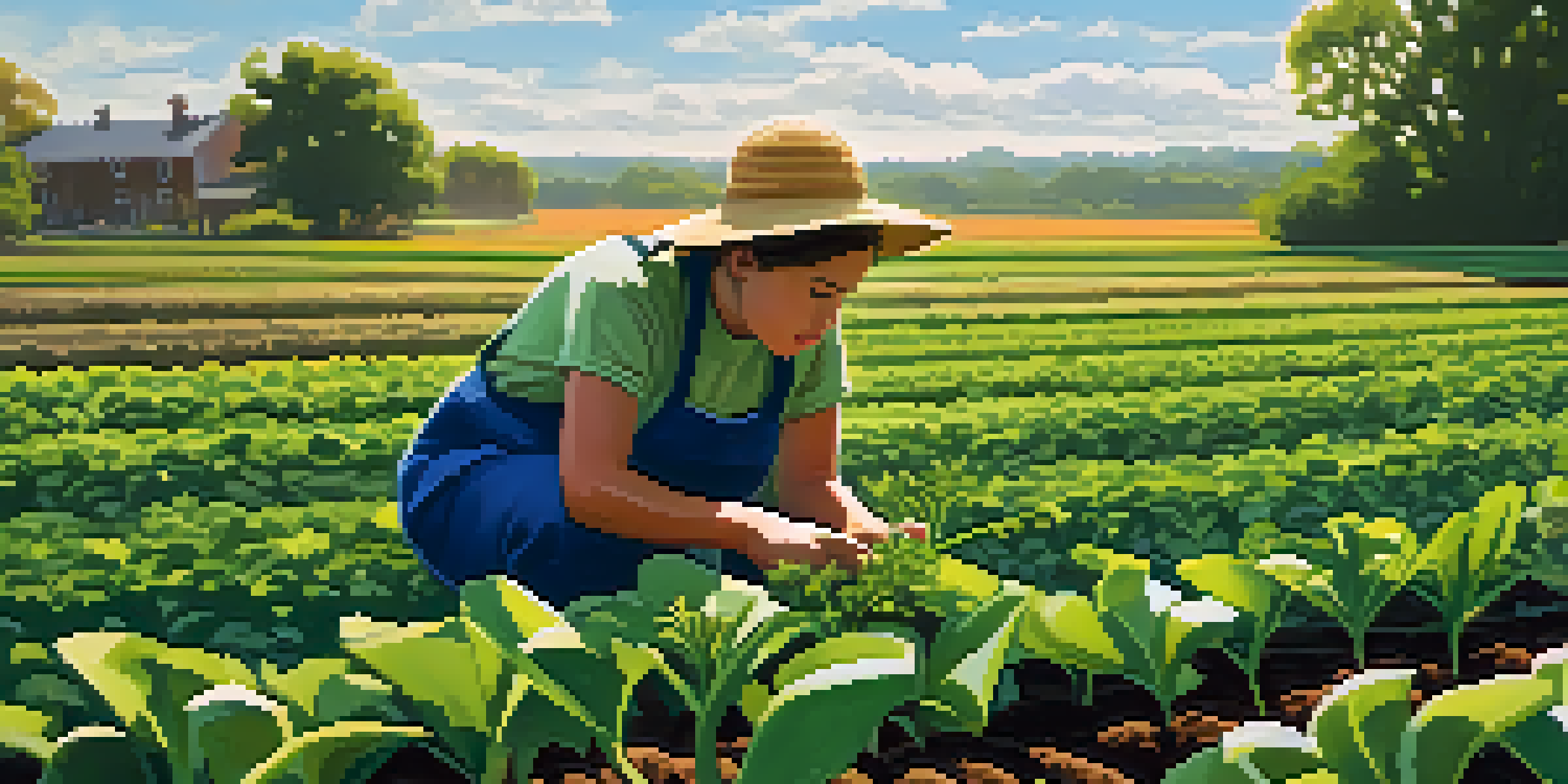 A student at Michigan State University planting seedlings in an organic farm, surrounded by green plants and colorful flowers under a bright blue sky.
