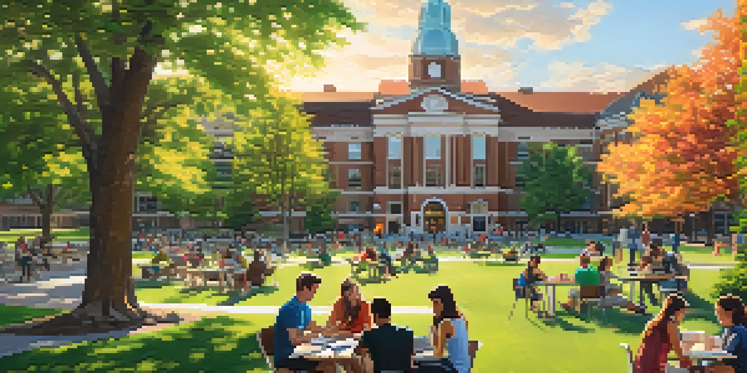 A lively campus of Michigan State University with students working together outdoors on laptops amidst greenery and flowers.