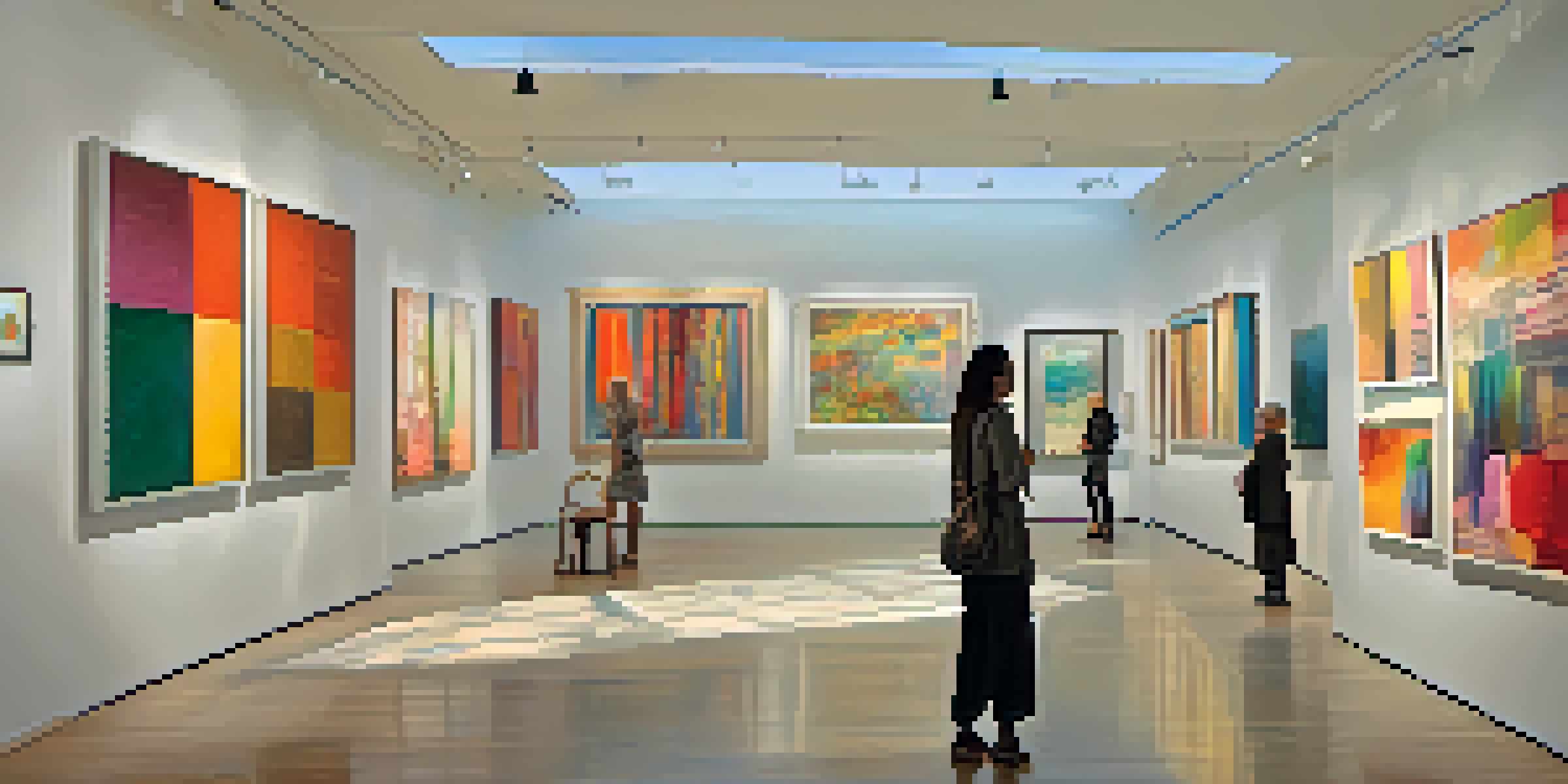 An art gallery filled with visitors observing contemporary artworks under natural light.