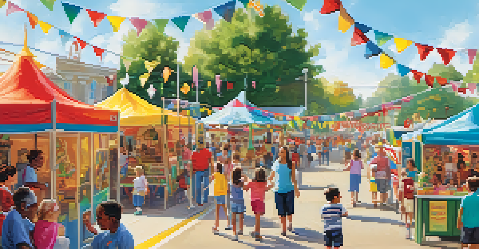 A lively community fair featuring families engaging with booths and activities, children playing games, and colorful decorations creating a festive atmosphere under bright sunlight.