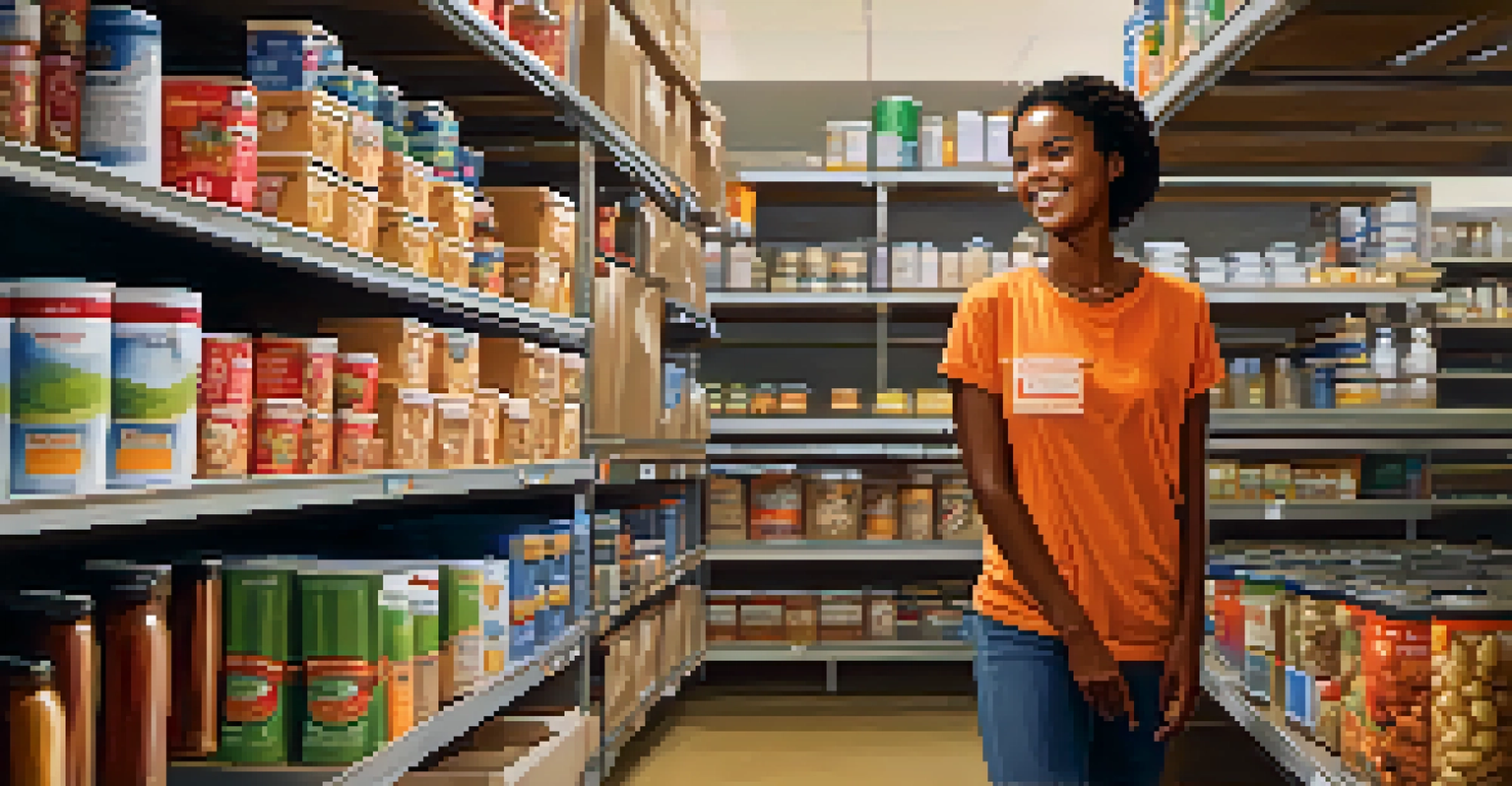 A smiling student volunteering at a food bank, organizing donations with shelves of food items in the background and warm lighting.