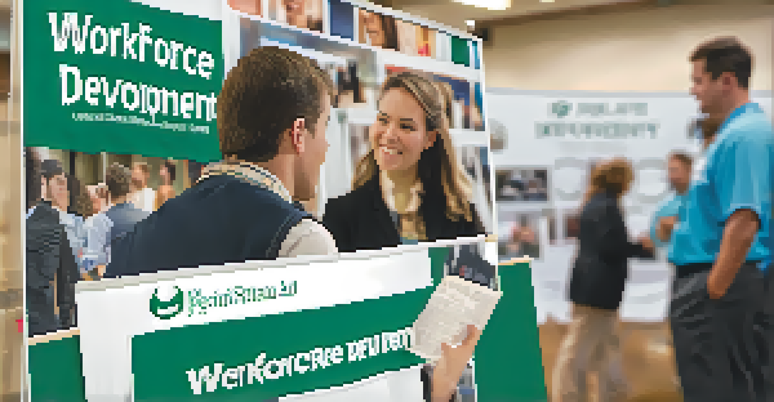 A close-up of a student at a job fair at Michigan State University, interacting with a local employer, with a workforce development banner in the background.