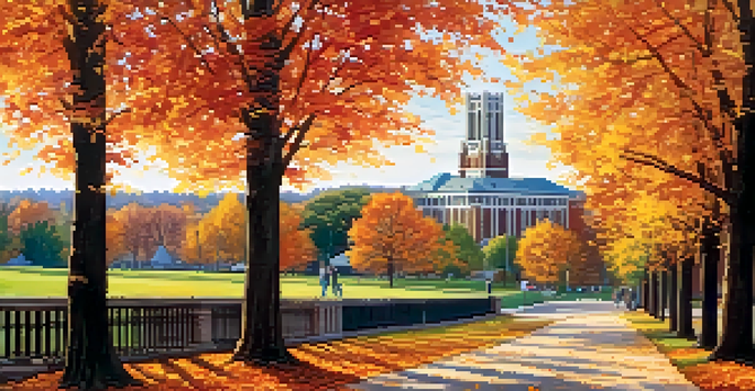 A scenic view of Michigan State University campus during autumn, featuring colorful fall leaves and Beaumont Tower.