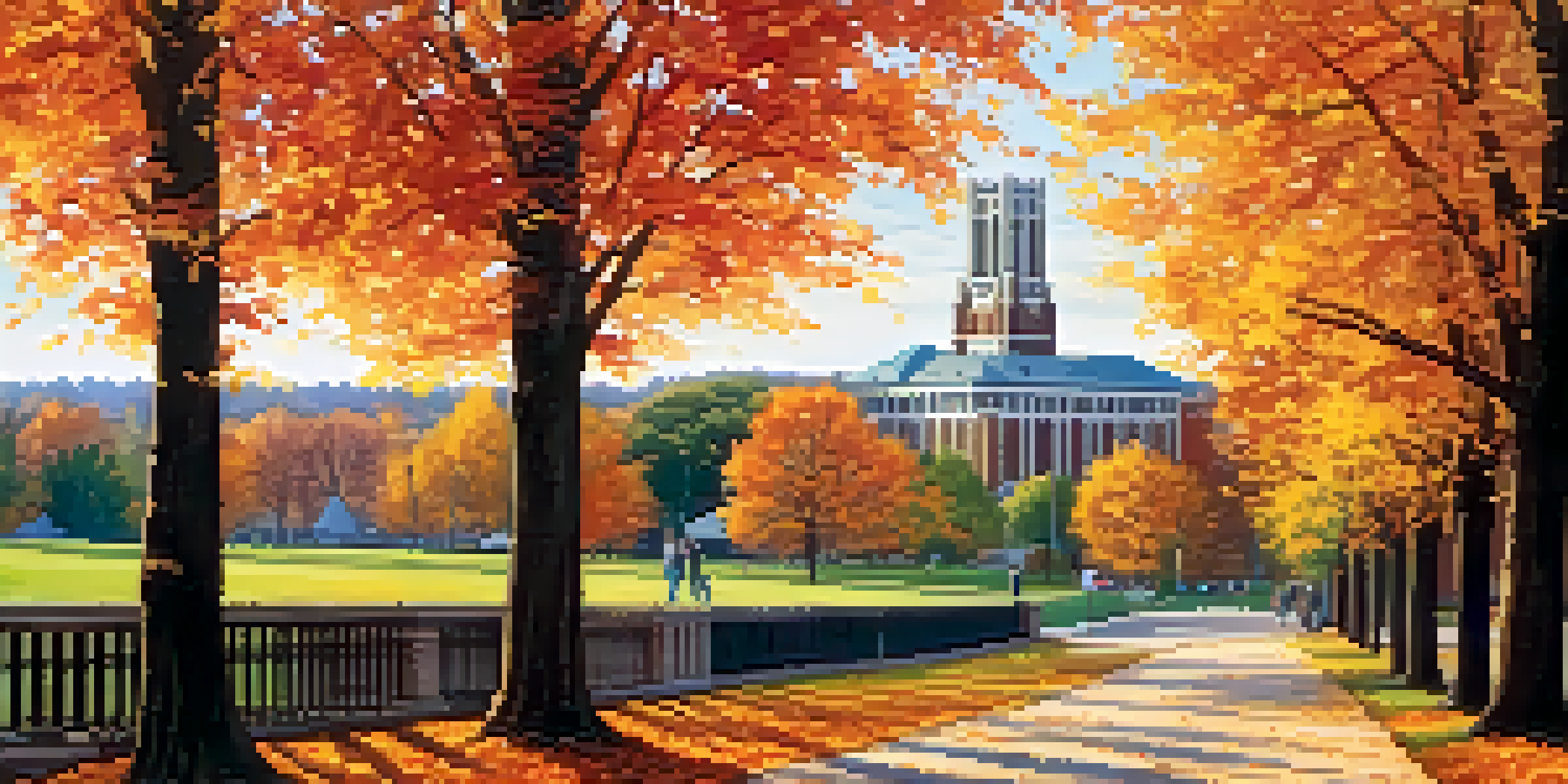 A scenic view of Michigan State University campus during autumn, featuring colorful fall leaves and Beaumont Tower.