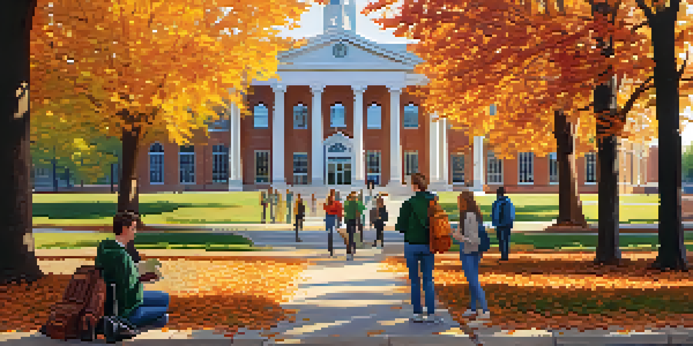 A lively scene at Michigan State University, with students talking outside an academic building amidst colorful autumn leaves and warm sunlight.