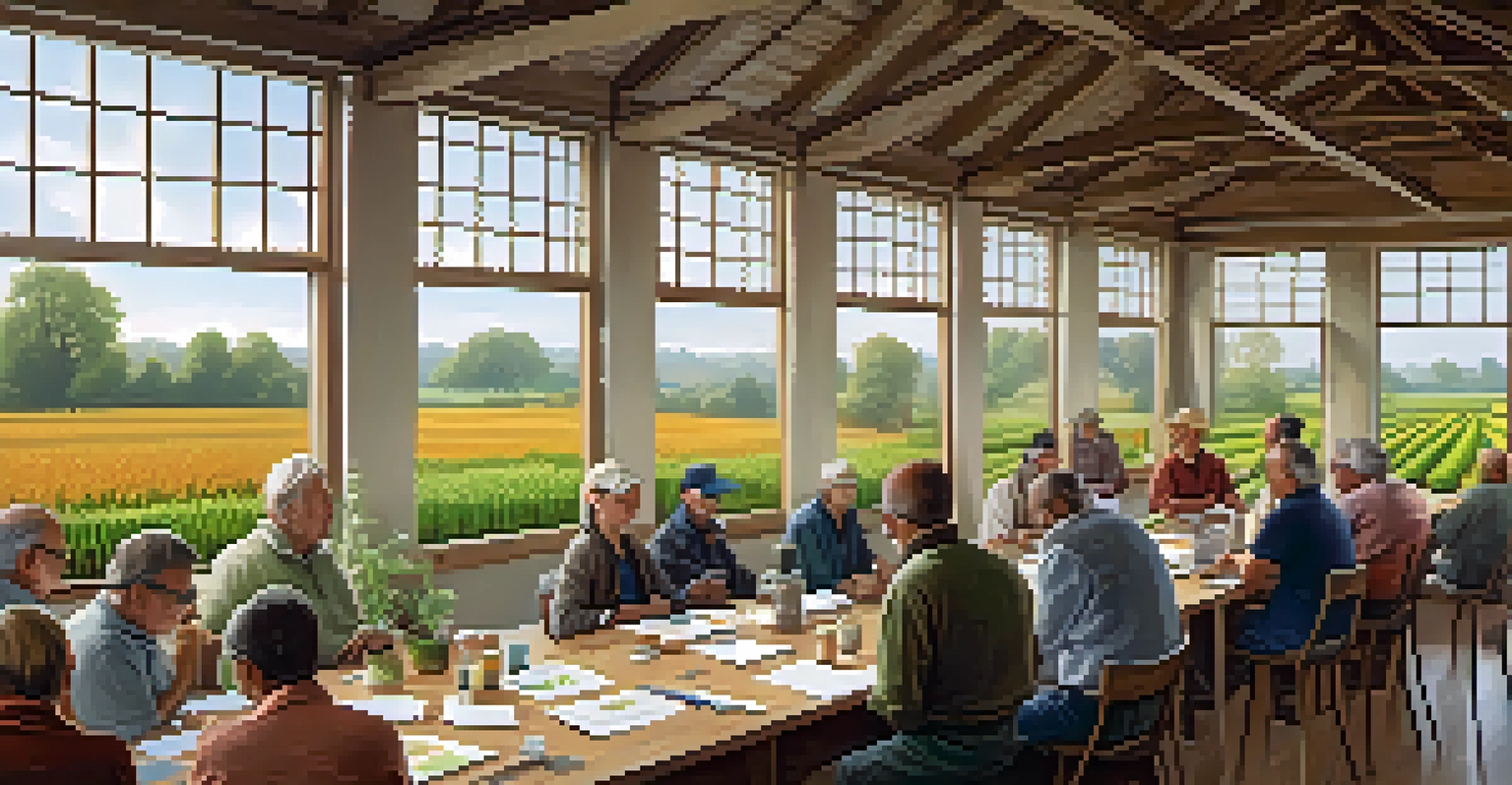 Farmers participating in a workshop on sustainable agricultural practices in a well-lit room with charts.