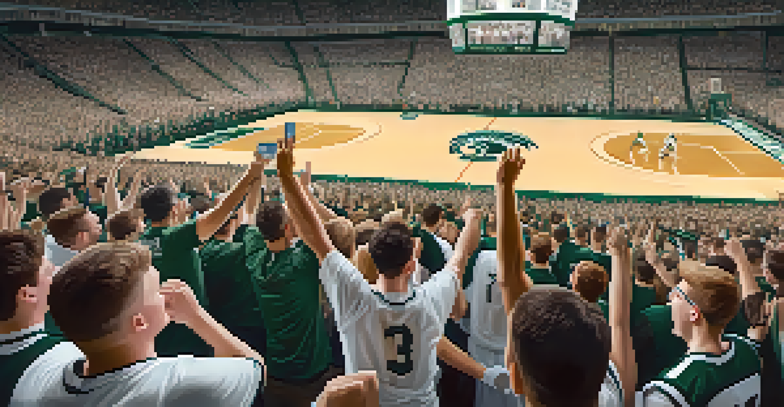 Basketball players celebrating a victory in the bubble dome, with enthusiastic fans cheering in the stands.