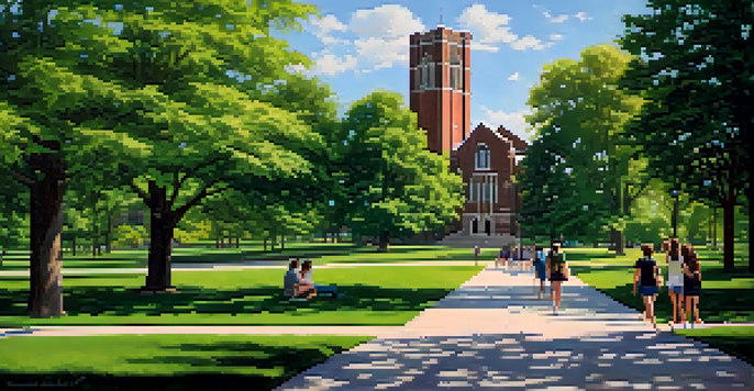 A scenic view of the MSU campus with Beaumont Tower and students walking on pathways surrounded by greenery under a blue sky.