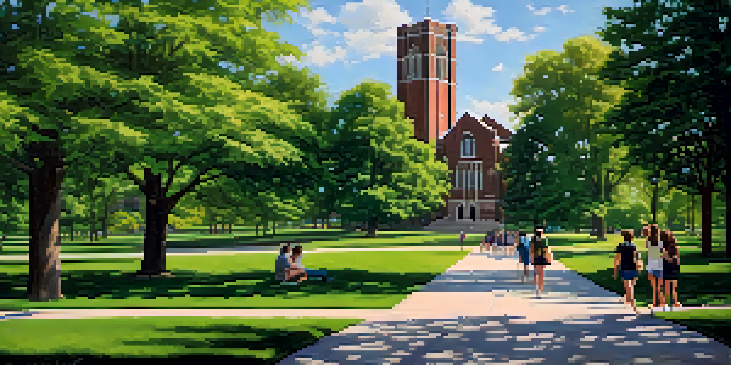 A scenic view of the MSU campus with Beaumont Tower and students walking on pathways surrounded by greenery under a blue sky.