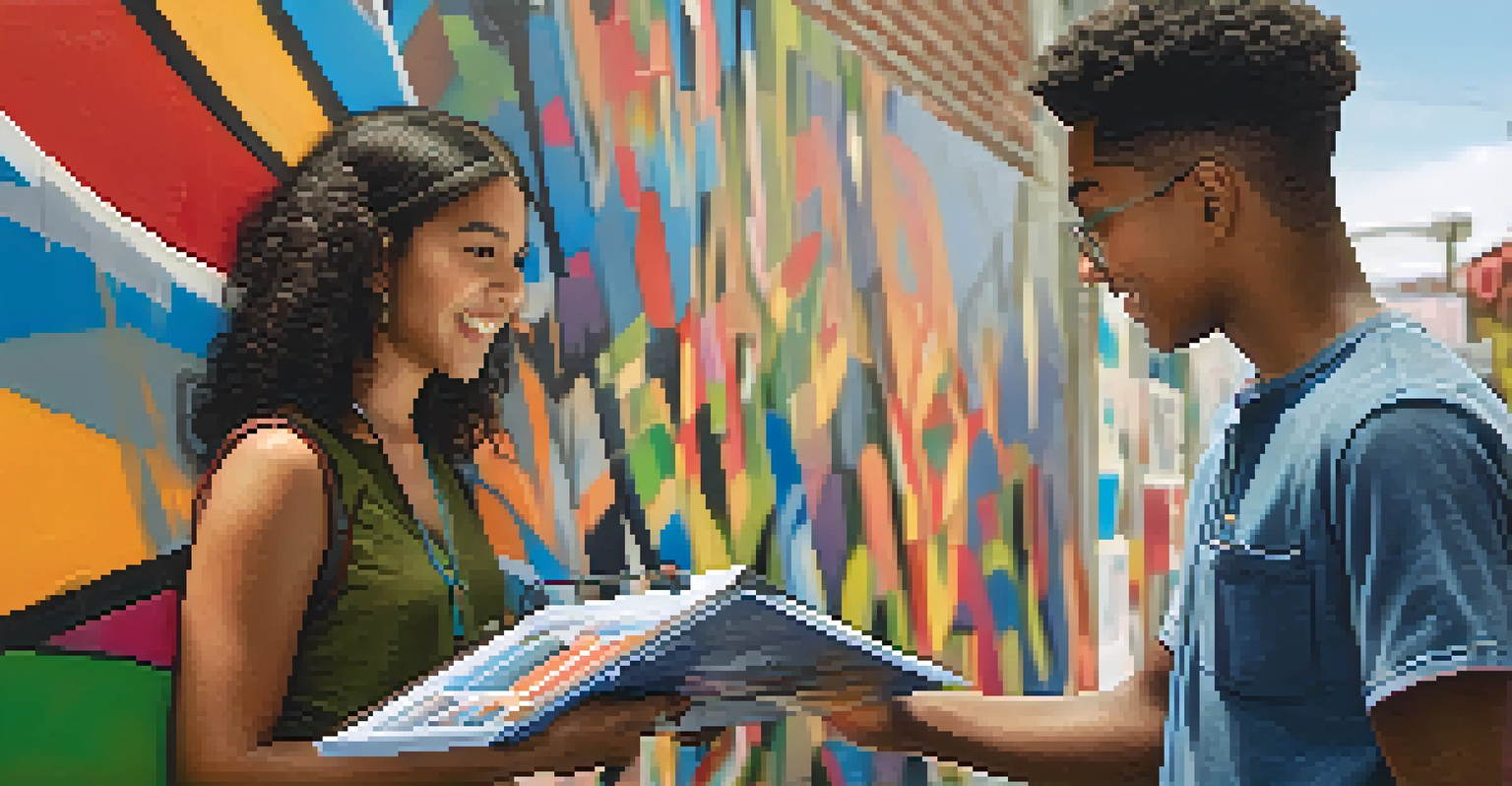 A student engaged in a discussion with a community member in front of a colorful mural.