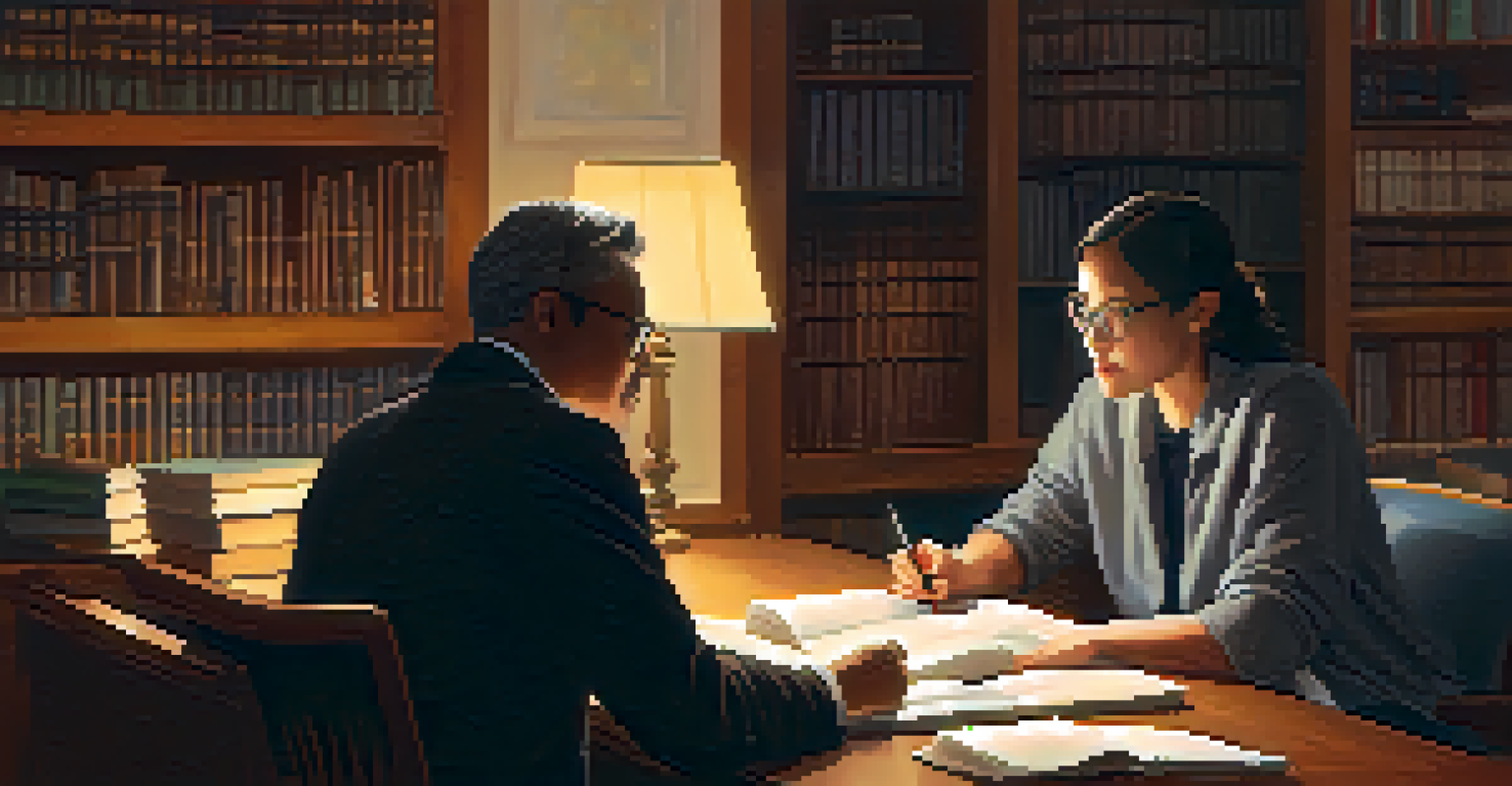 A mentor and student discussing cultural studies in a cozy office filled with books, illuminated by a warm desk lamp.