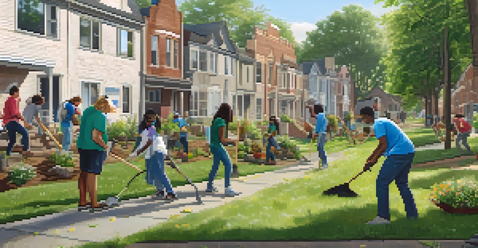 University students volunteering in a local neighborhood, planting trees and cleaning up, showcasing community engagement and inclusivity.