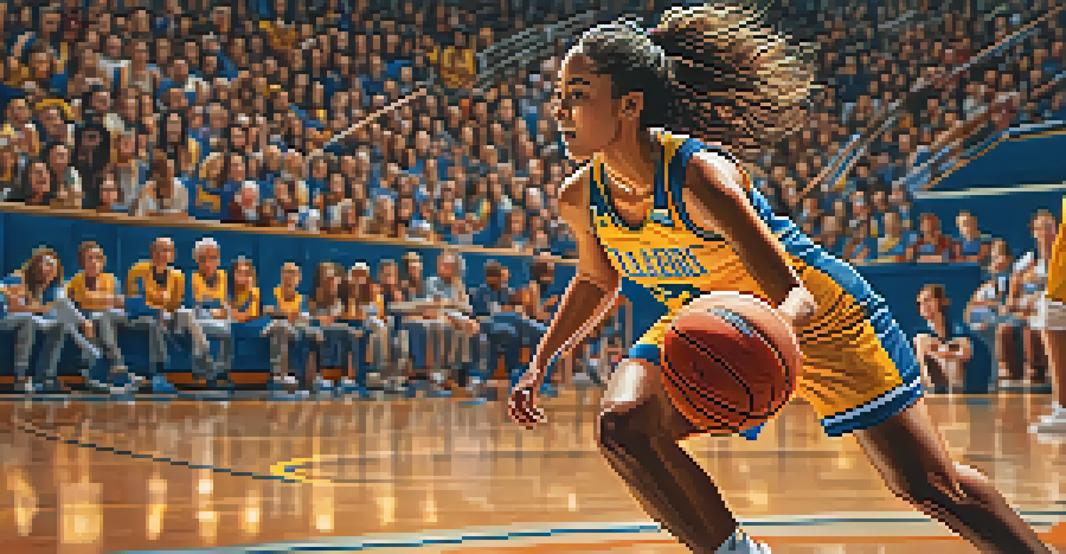 Close-up of a female college athlete playing basketball, with fans in the background and bright lights illuminating the court.