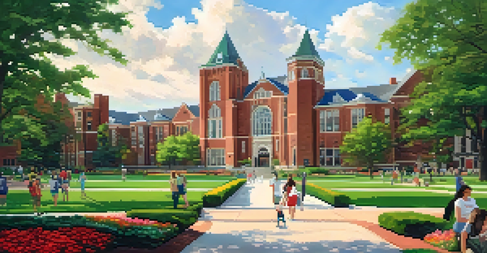 A scenic view of Michigan State University's campus with red brick buildings, green lawns, and students interacting.
