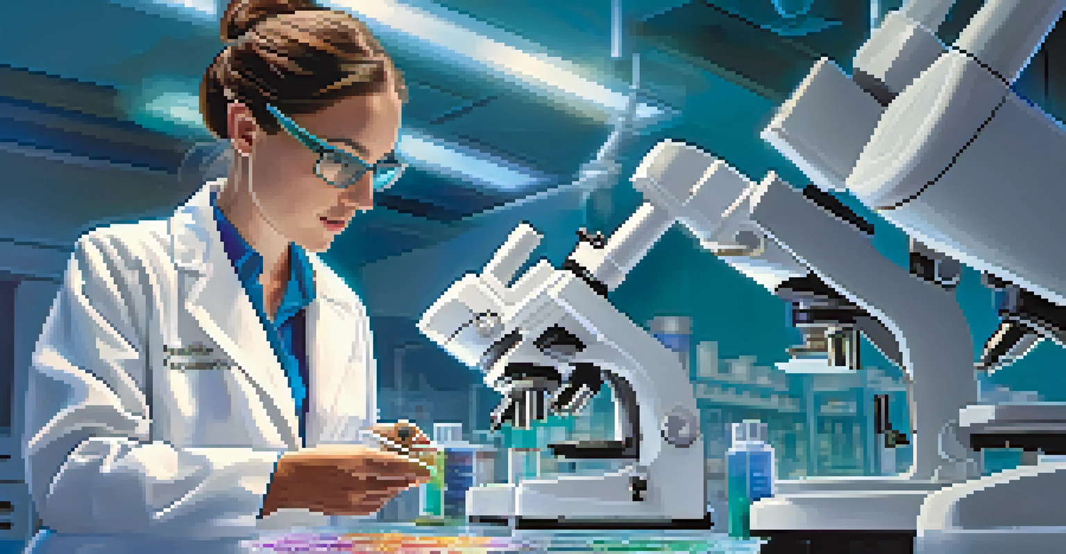 A veterinary researcher looking into a microscope with a petri dish in hand, surrounded by laboratory equipment and colorful samples.