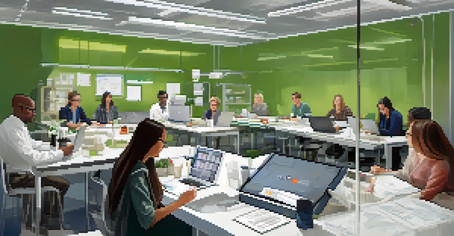 A diverse group of researchers collaborating in a modern lab, discussing solutions with laptops and documents on the table.