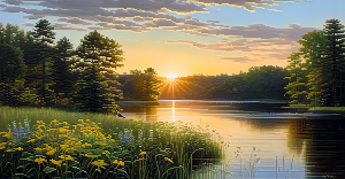 A peaceful lake in Michigan at sunset, with green forests, blooming wildflowers, and ducks on the water.