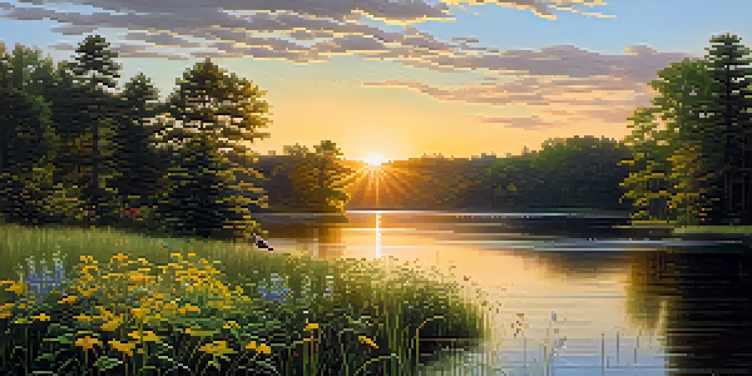 A peaceful lake in Michigan at sunset, with green forests, blooming wildflowers, and ducks on the water.