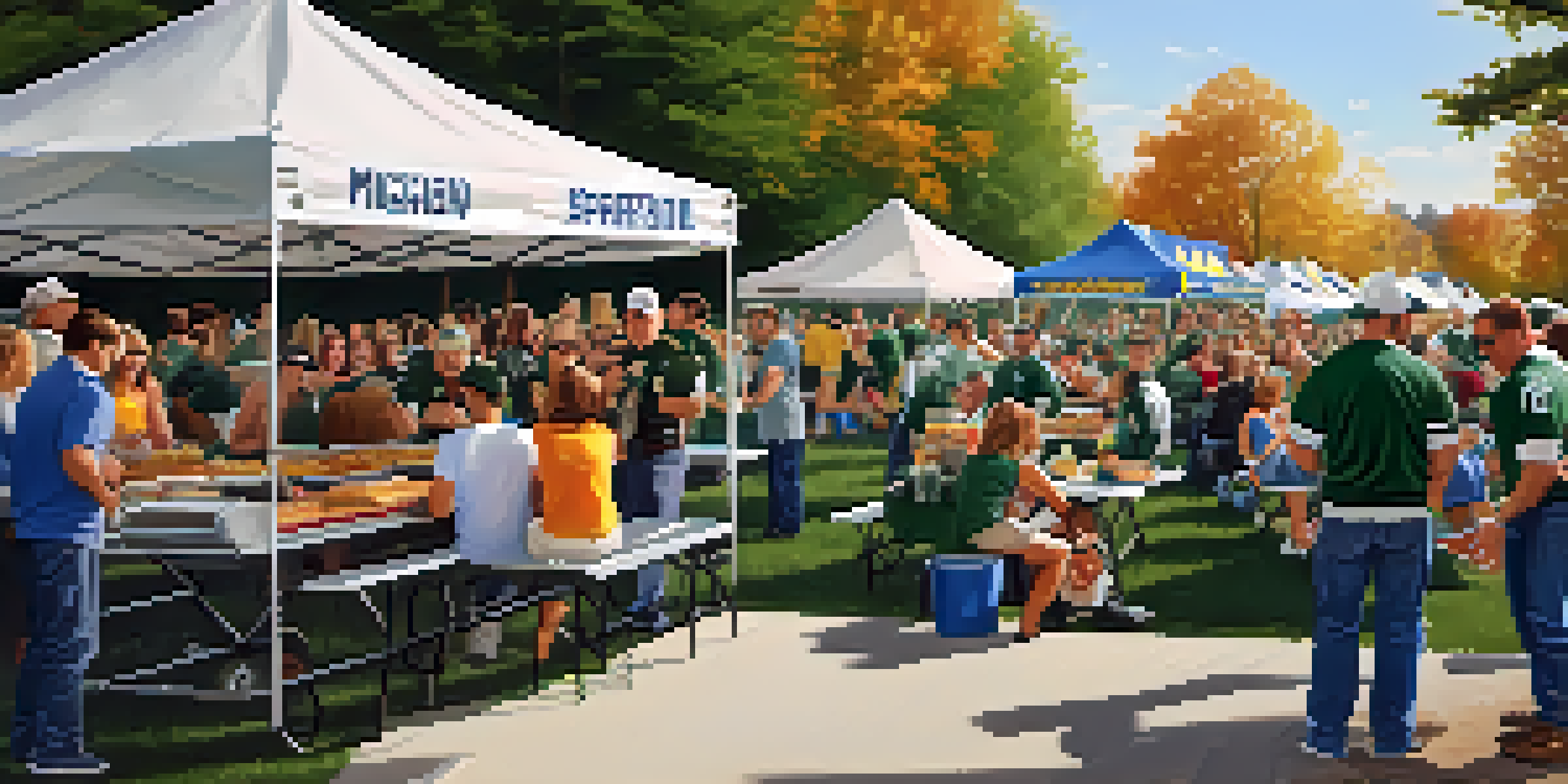 A cheerful tailgating scene with families and friends enjoying food and games, decorated with Spartan flags on a sunny day.