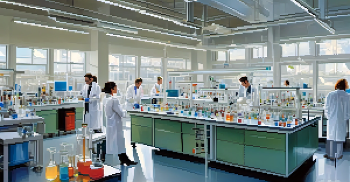 A modern laboratory with researchers in white lab coats working together on materials science experiments, surrounded by advanced equipment and colorful materials.