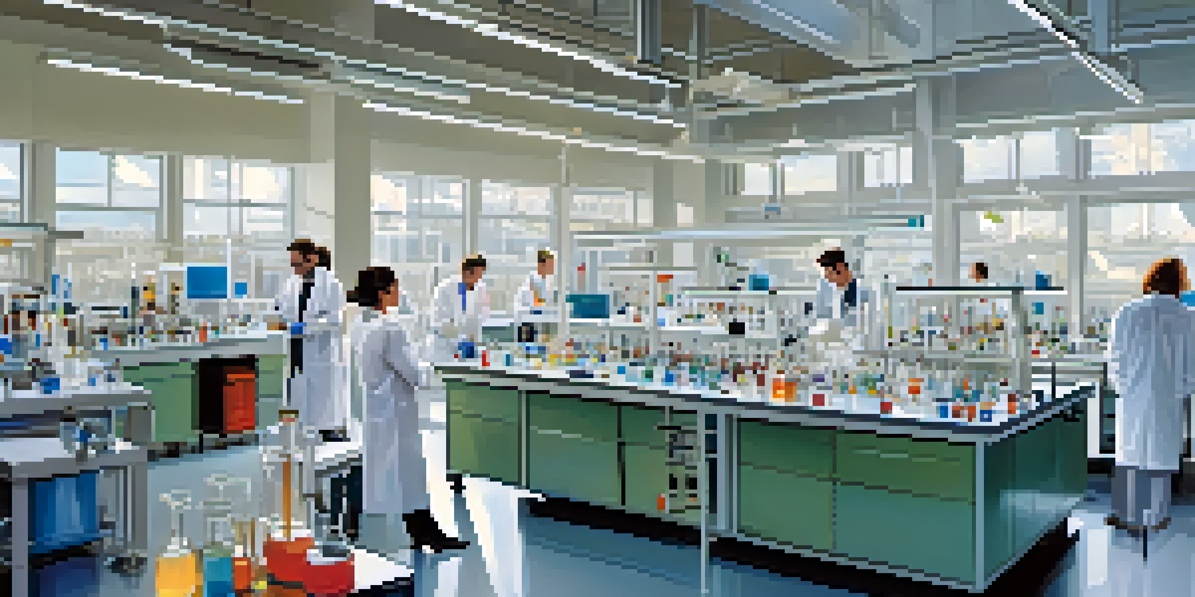 A modern laboratory with researchers in white lab coats working together on materials science experiments, surrounded by advanced equipment and colorful materials.