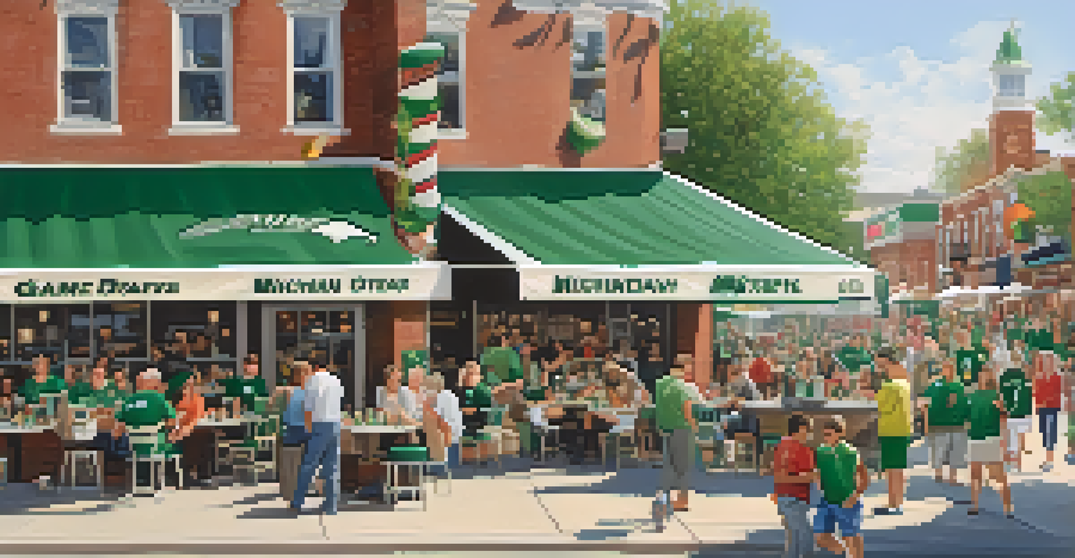 Local businesses bustling on game day with fans in MSU gear enjoying food and drinks at outdoor cafes.