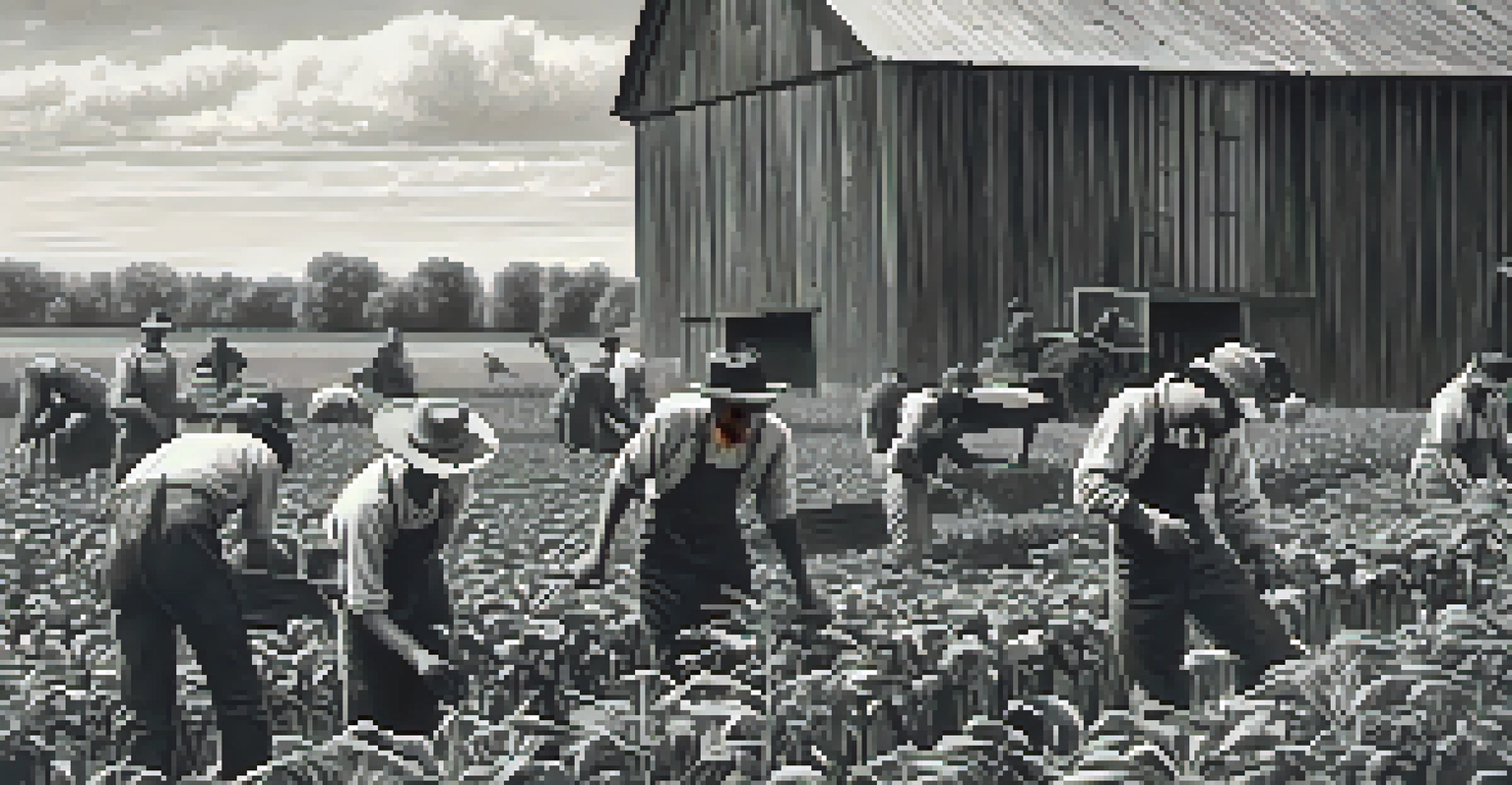 A historical black-and-white image showing early students at Michigan State University engaged in agricultural activities with a barn in the background.