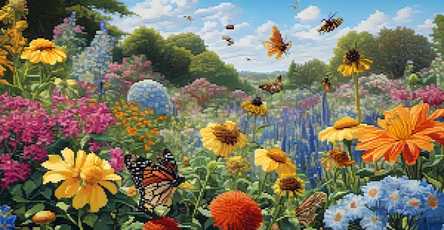 Close-up of a pollinator garden with native flowers, bees, and butterflies, highlighting vibrant colors and intricate details.