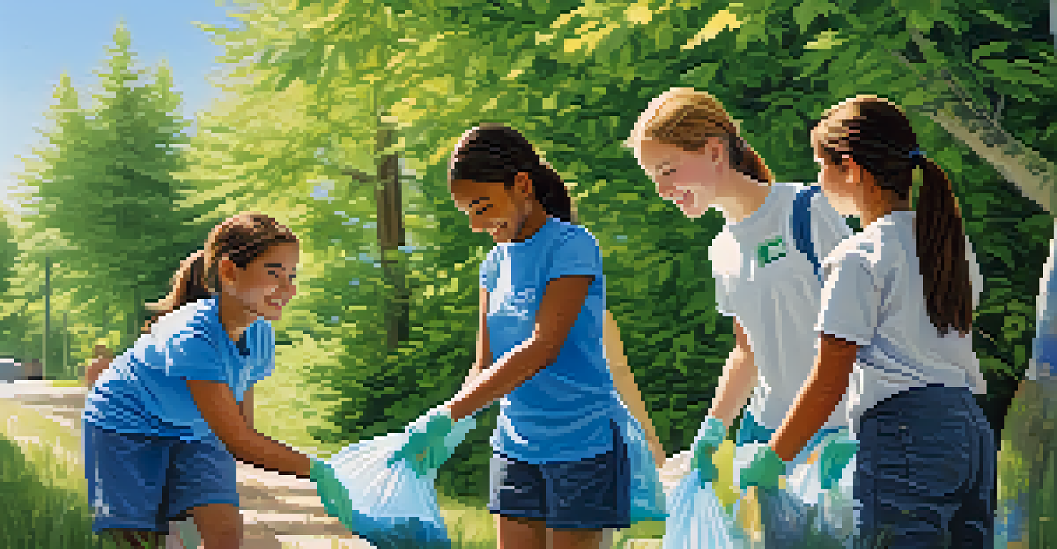 Students participating in a neighborhood clean-up, smiling and picking up litter along a scenic pathway surrounded by greenery and a blue sky.