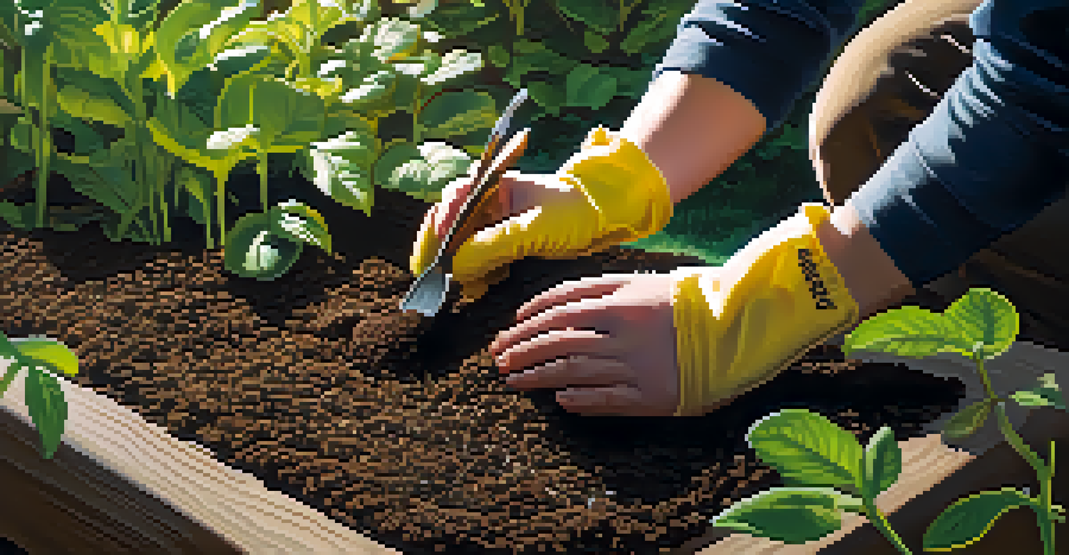 A student wearing a yellow glove examines healthy soil in a sunlit garden, surrounded by green plants and seedlings.