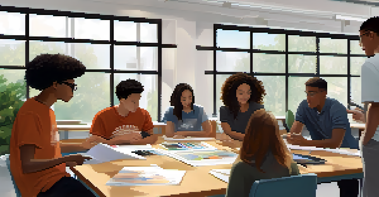 Diverse group of students collaborating on a project in a modern classroom filled with natural light and technology.