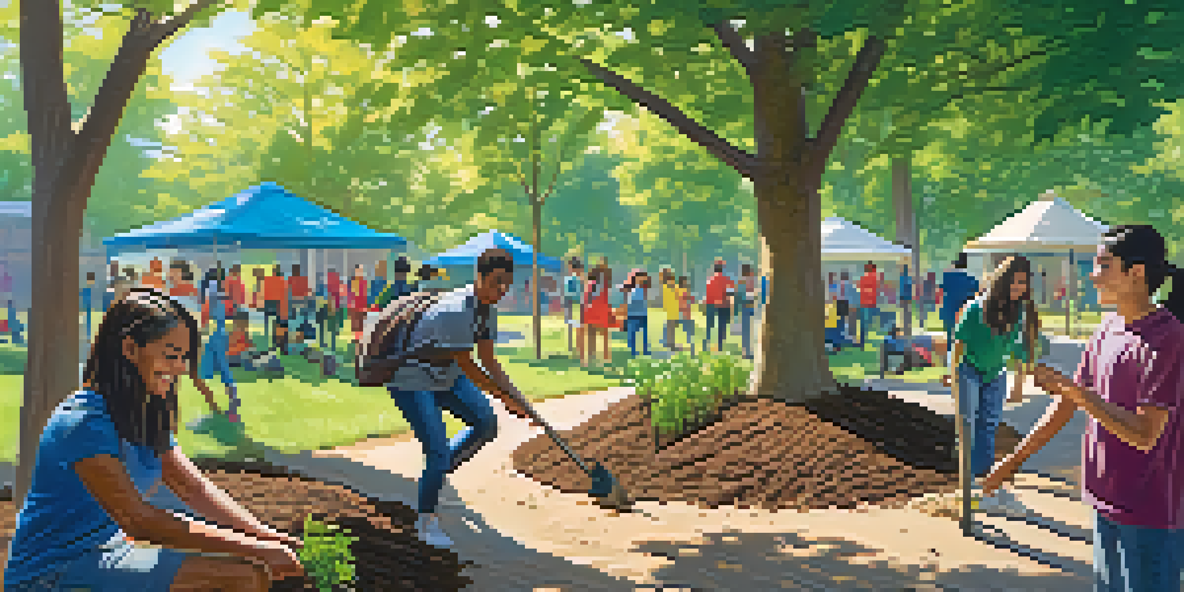 A group of diverse university students planting trees in a park, smiling and collaborating under sunlight.