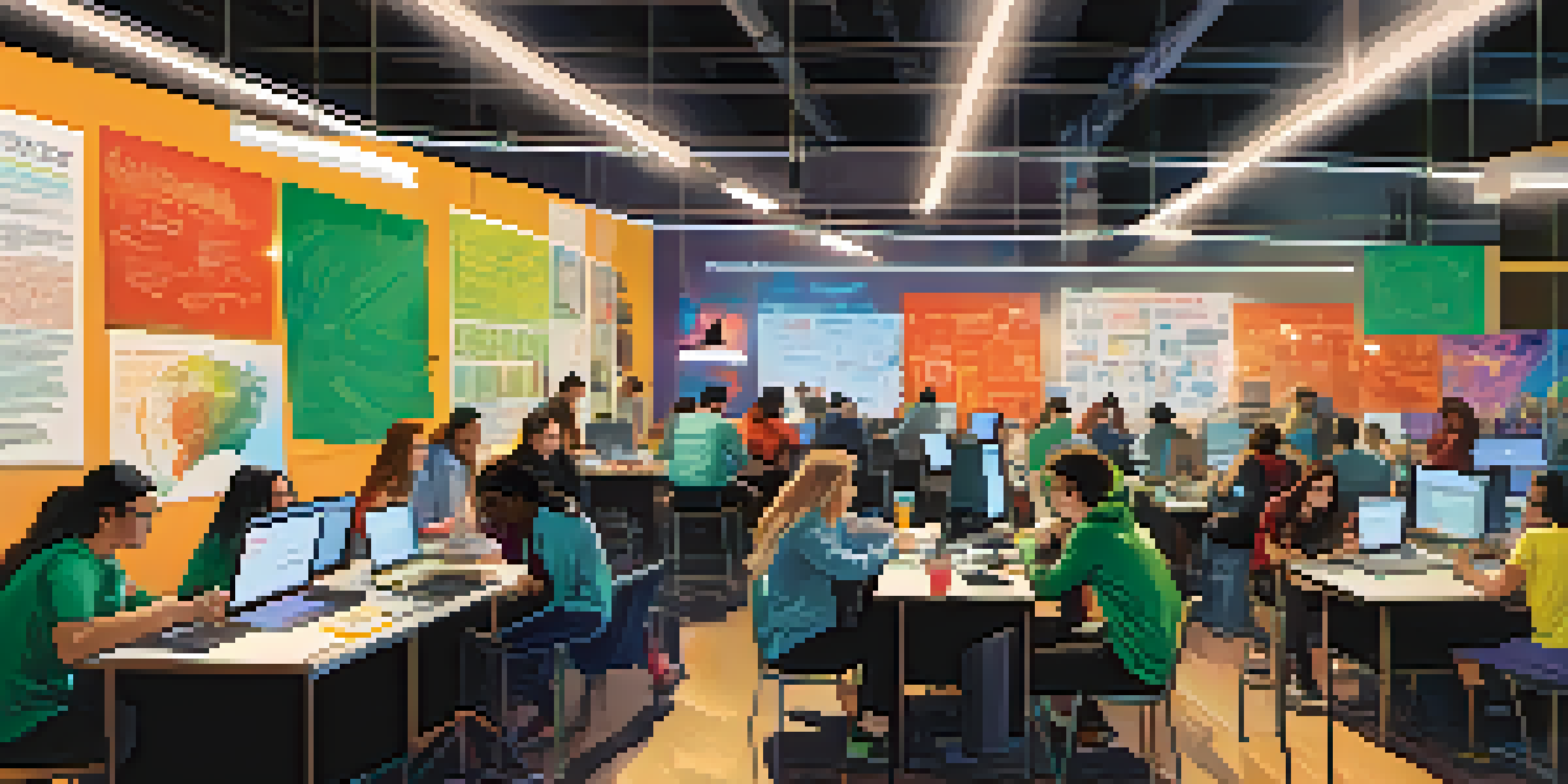 Students working together during a hackathon at Michigan State University, with laptops and colorful posters around.