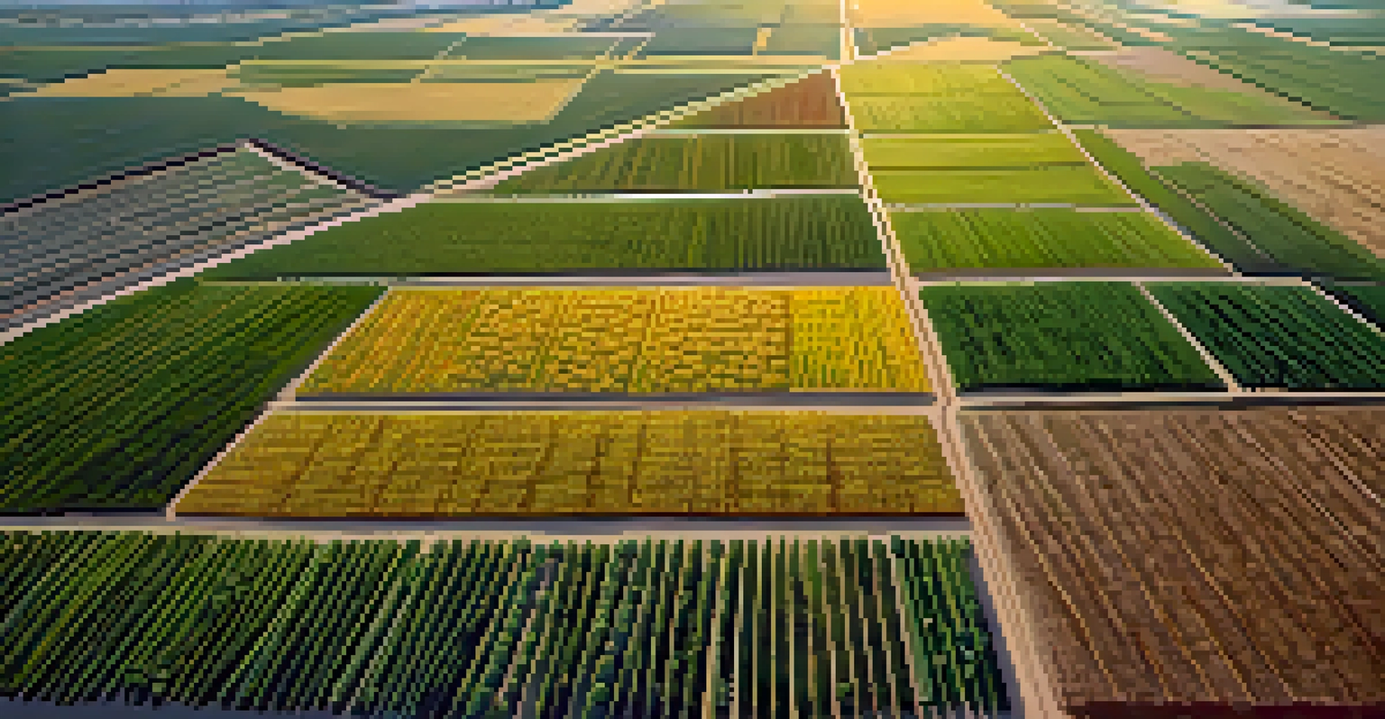 An aerial view of a diverse crop rotation field with various crops at Michigan State University, showing a farmer tending to the land.