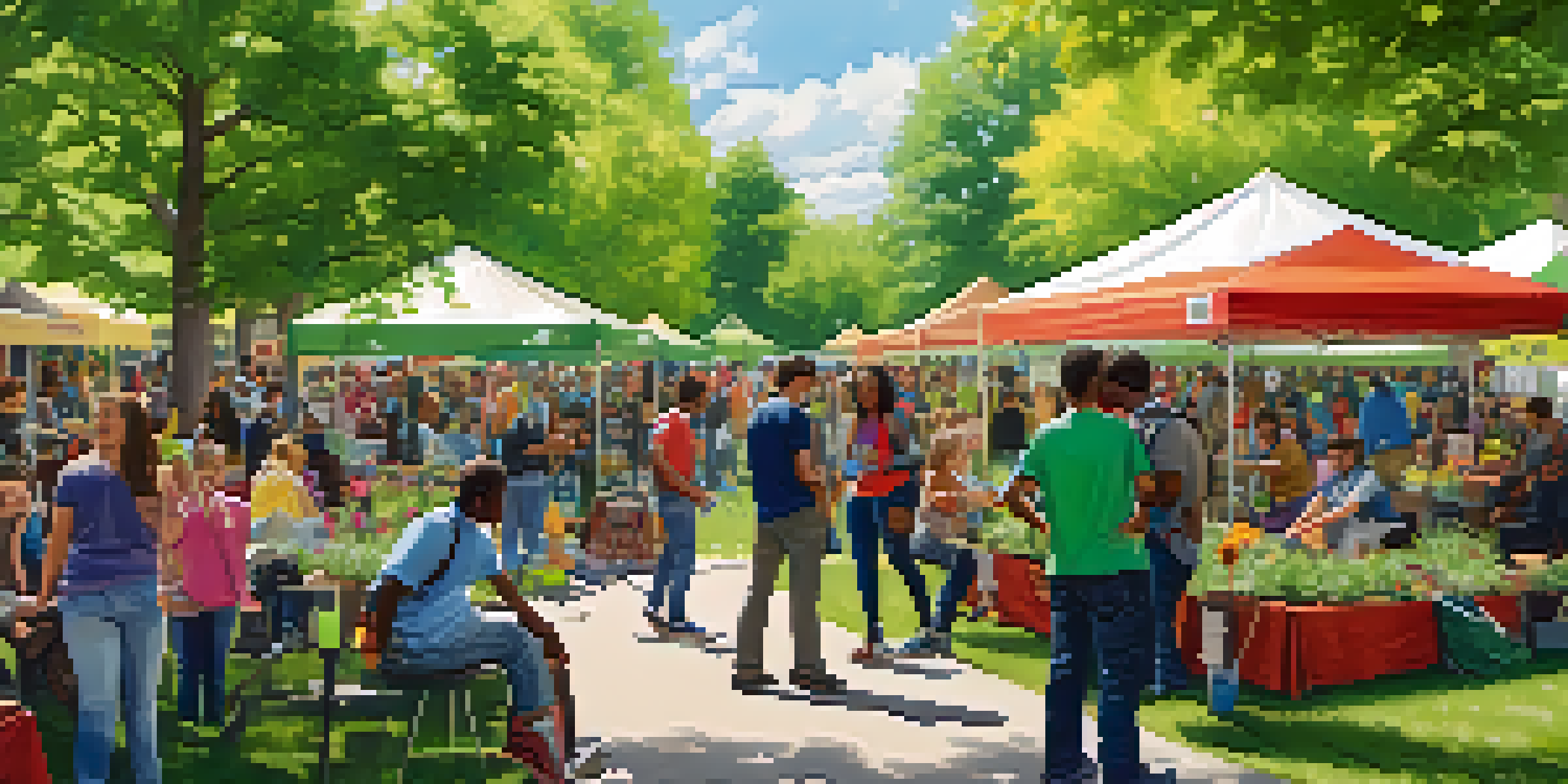 A lively community event with students and local residents planting trees and enjoying games in a sunny park, surrounded by colorful banners and blooming flowers.