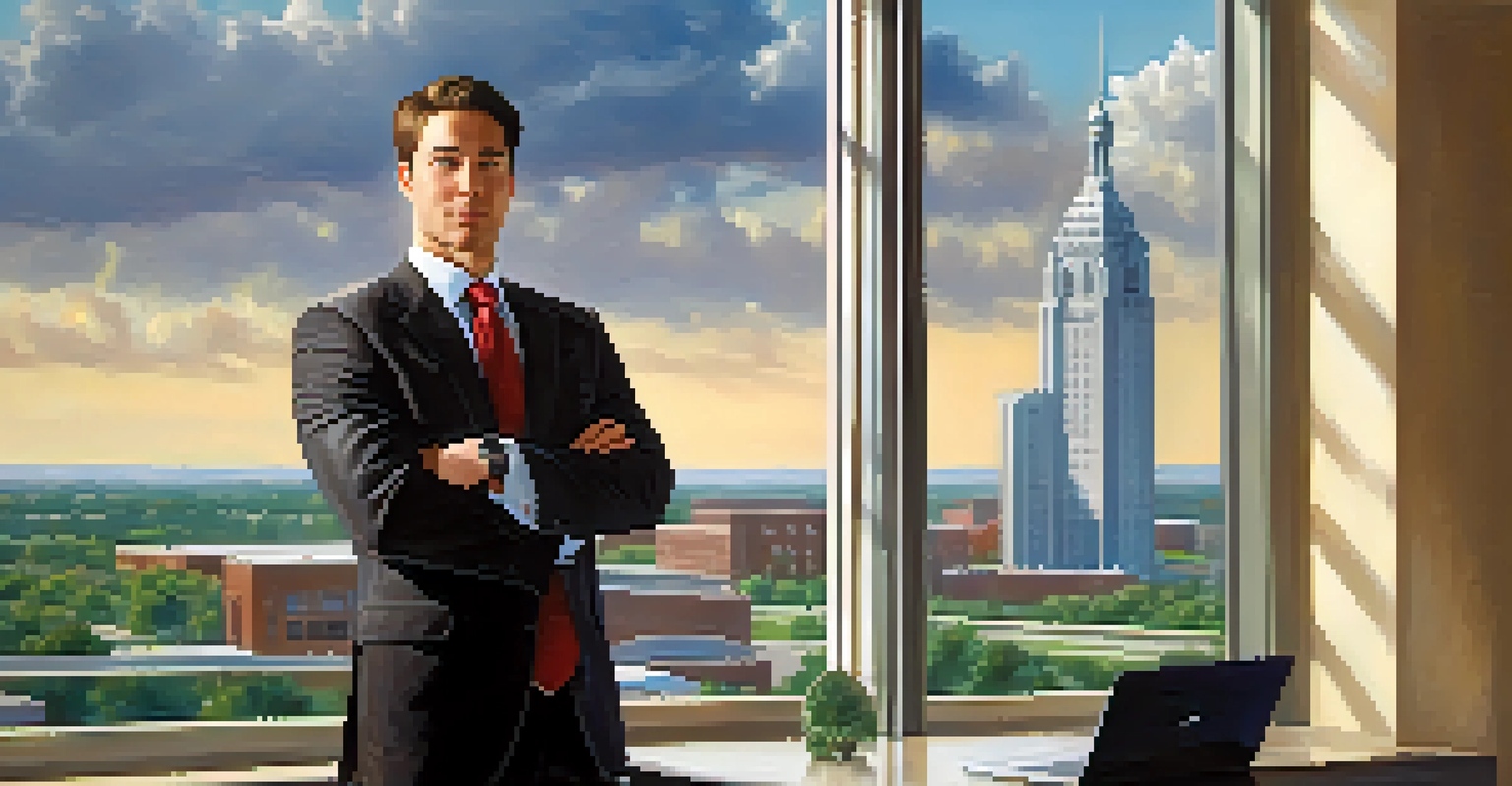 A Michigan State University alumnus in professional attire standing in front of a city skyline window, holding a laptop.